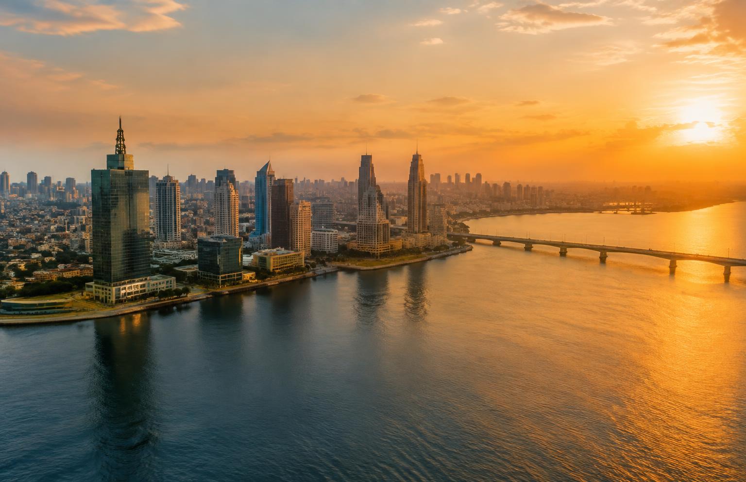 Lagos waterfront skyline at sunset